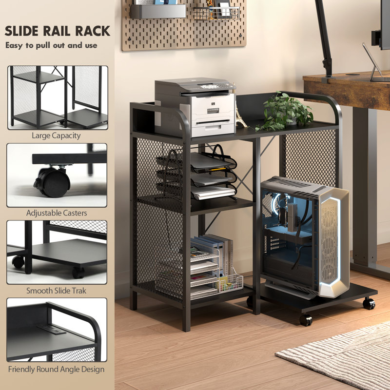 Black Metal and Wood Printer Stand with Storage and Power Outlet