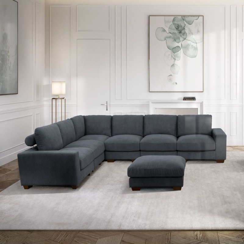Dark Gray Corduroy 7-Piece Living Room Sectional Sofa Set Arm Facing, Left Hand Facing