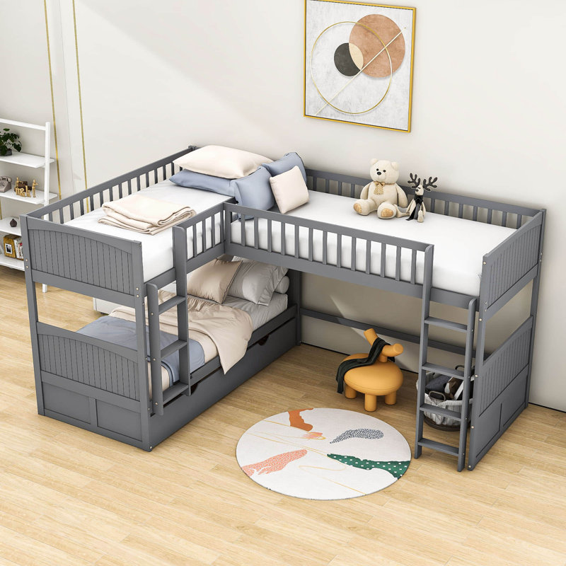 Twin Over Twin 2 Drawer Triple / Quad Bunk Bed by YUNMA, Grey