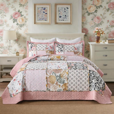 HoneiLife King Size 3-Piece 100% Cotton Patchwork Bedding Set, Pink Dream Handmade Quilt with Matching Pillow Shams, Pink