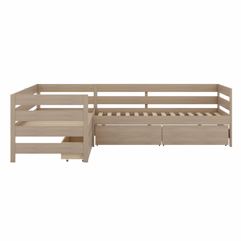 Lit plateforme en L avec trois tiroirs de rangement, Naturel