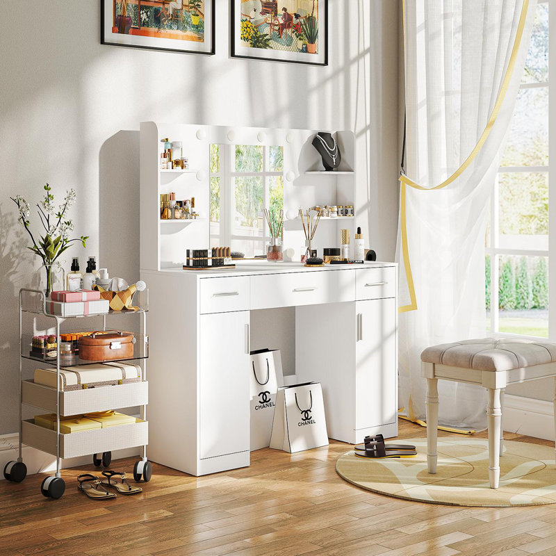 Coiffeuse avec miroir et lumière, coiffeuse à luminosité réglable avec tiroirs et tablettes de rangement, blanc