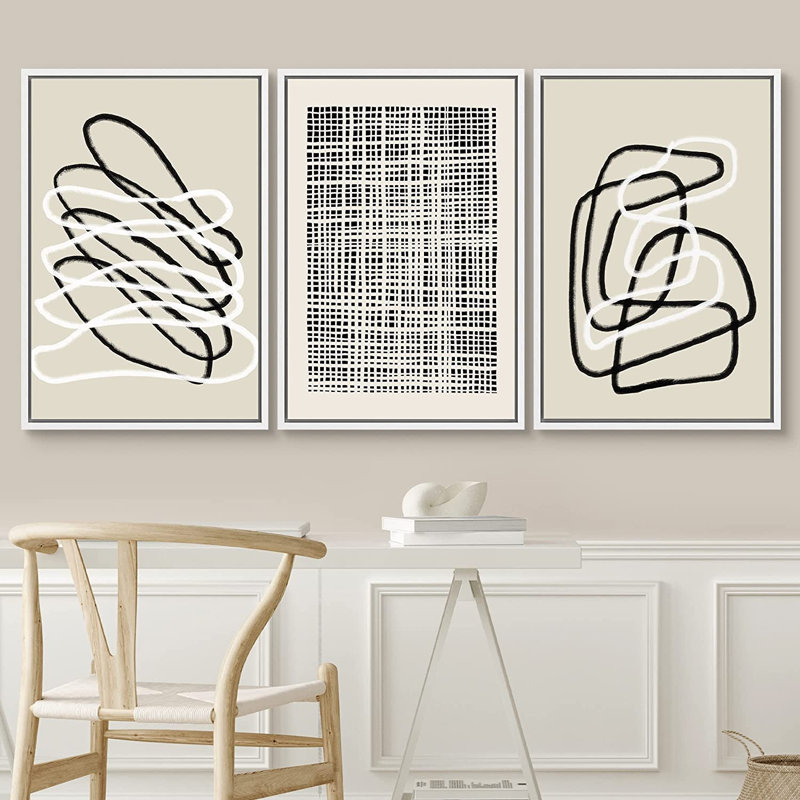 Black Grunge Paint Strokes Minimalist Neutral Abstract Framed On Canvas Wall Art 3 Pieces Print, 24" H x 48" W, White