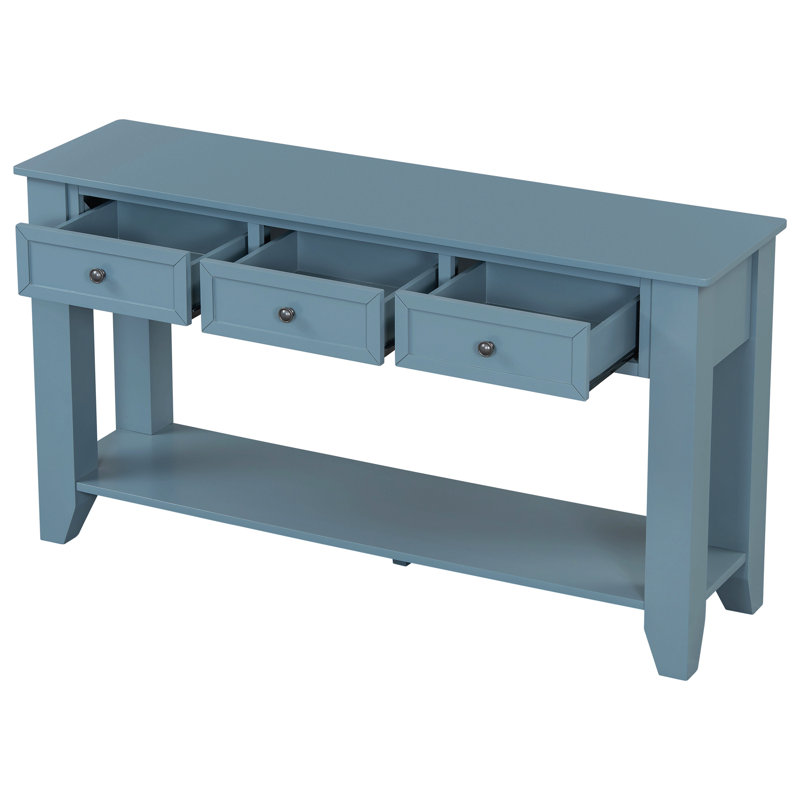 Console de 55,4 po avec trois tiroirs de rangement et un buffet étroit, Bleu
