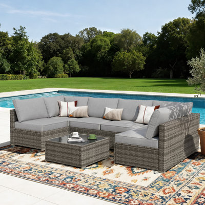 Chappotin 7 - Piece Outdoor Conversation Set,  Wicker Patio Seating Group, All Weather Sectional Sofa Set with Cushions for Garden, Backyard