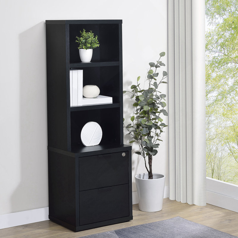 3-shelf Bookcase with USB and Lockable Drawer, Black