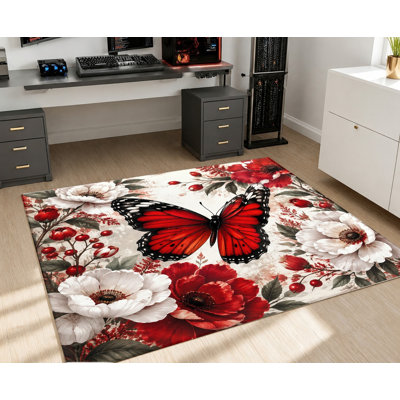 Tapis à motif floral papillon rouge, imprimé botanique d'insectes éclatant, antidérapant et lavable à la machine, décoration intérieure artistique pour salon, chambre, entrée, cuisine, balcon