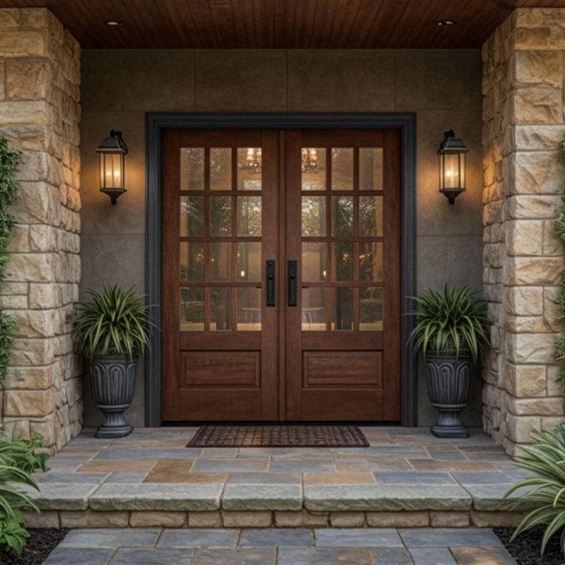 G7512-SW-80 | Porte double 80 po, extérieur pré-monté RTA, SDL 12 Lite 3/4 Lite, 1 panneau, bois d'acajou brut