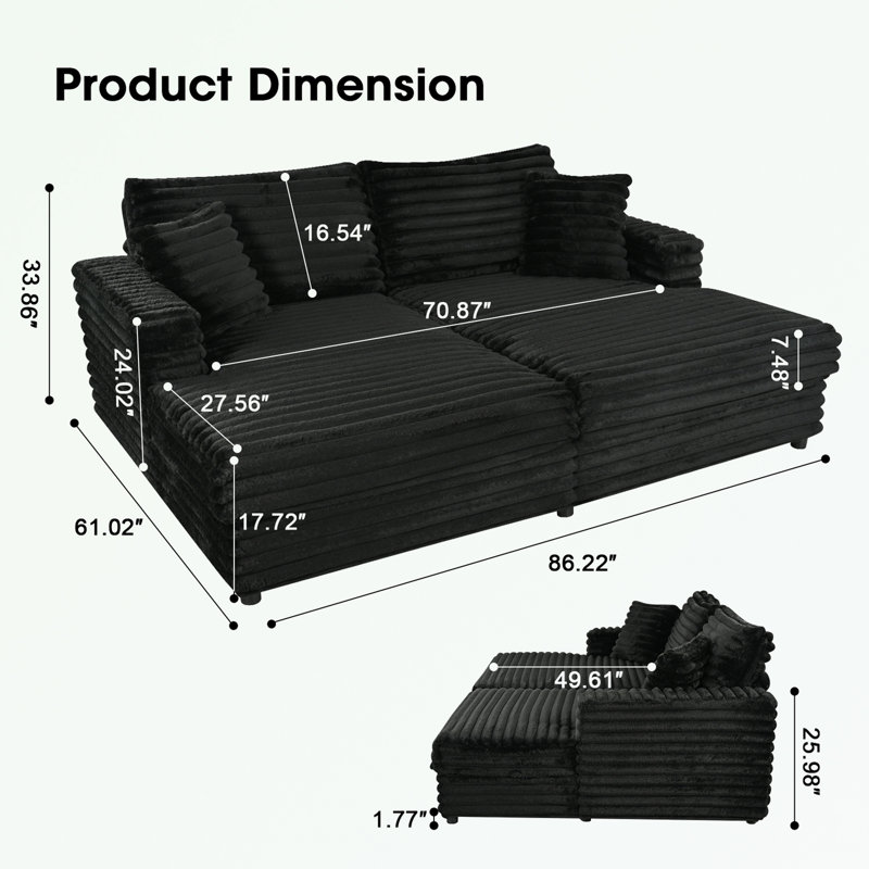 Causeuse en velours côtelé avec 2 coussins, Noir