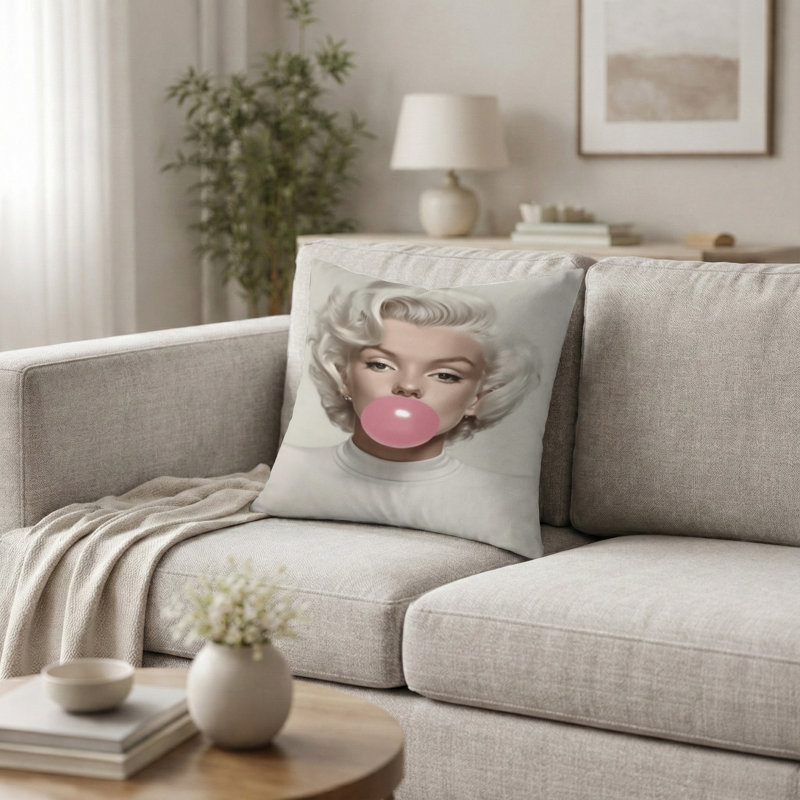 Coussin rose avec imprimé pop art Marilyn, H 16 po x l 16 po