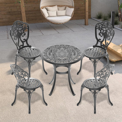 Mobilier de salle à manger résistant aux intempéries de 5 pièces, fabrication en aluminium, finition noire, glissade en nylon Pa66, capacité de siège de 350 lb, table ronde 5, aluminium, lignes exquises, patin antidérapant, capacité de 160 lb
