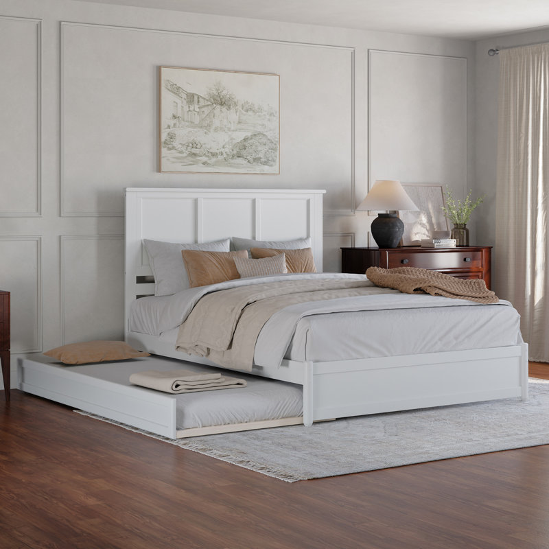 Ashante Solid Wood Platform Bed with Panel Footboard and Trundle Bed, Queen, White