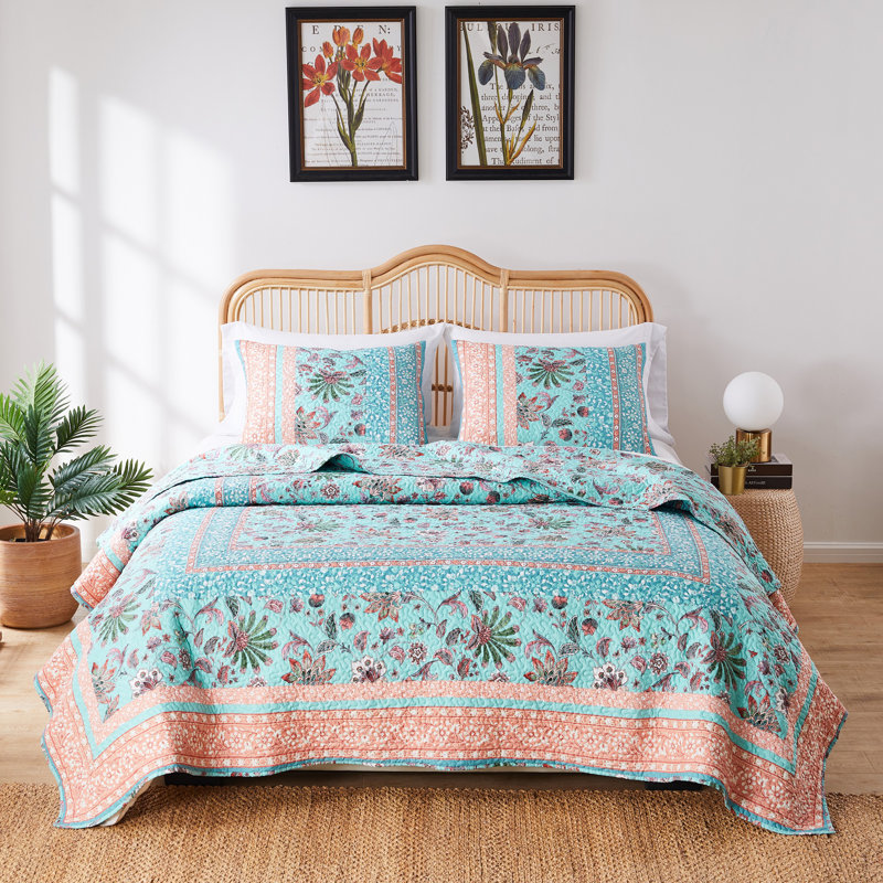 Turquoise and Coral Reversible Full Microfiber Quilt Set