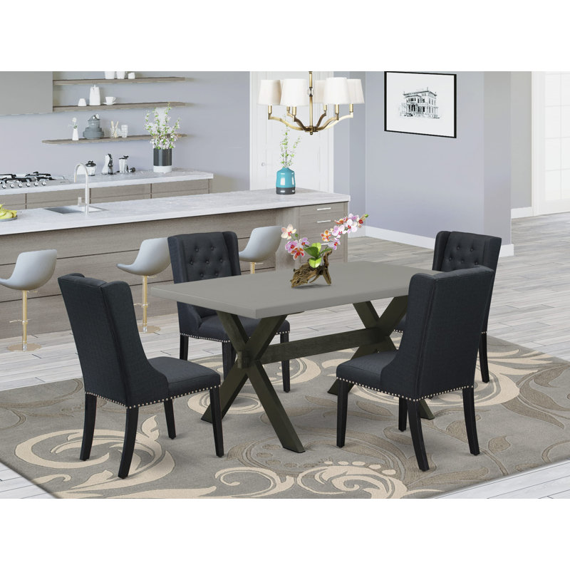 Ensemble de table de salle à manger 5 pièces comprenant une table de cuisine rectangulaire avec pieds en X et 4 chaises de salle à manger Parsons en tissu noir, noir brossé