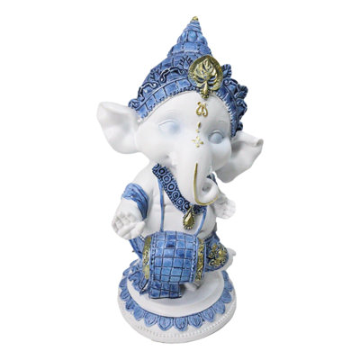 Blue White Hindu Elephant God Dancing Ganesha With Mridangam Drum Figurine
