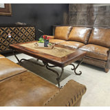 Rectangular 60" X 32" Handcrafted Mesquite Coffee Table: Travertine Inset, Wrought Iron Base - Susana Molina Designs
