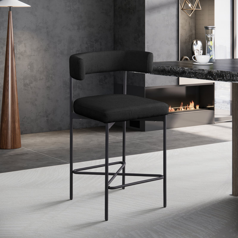 Hisayo Upholstered Counter Stool with Metal Frame, Black Linen Textured Fabric