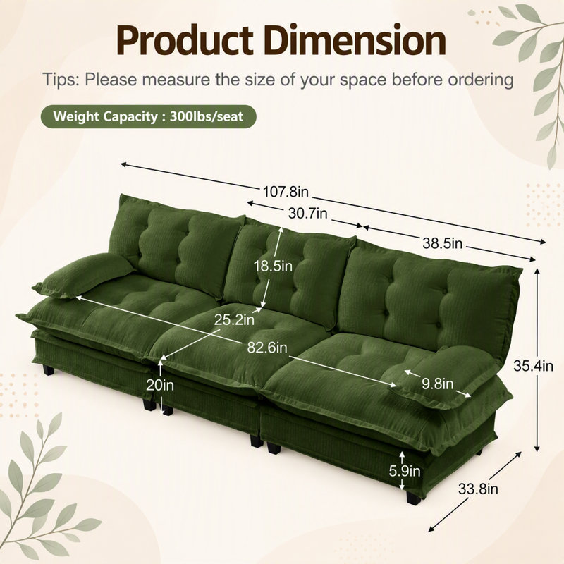 Canapé modulaire 107 places à 3 places Cloud, canapé modulaire avec assise profonde et treillis, tissu chenille respirant de couleur verte
