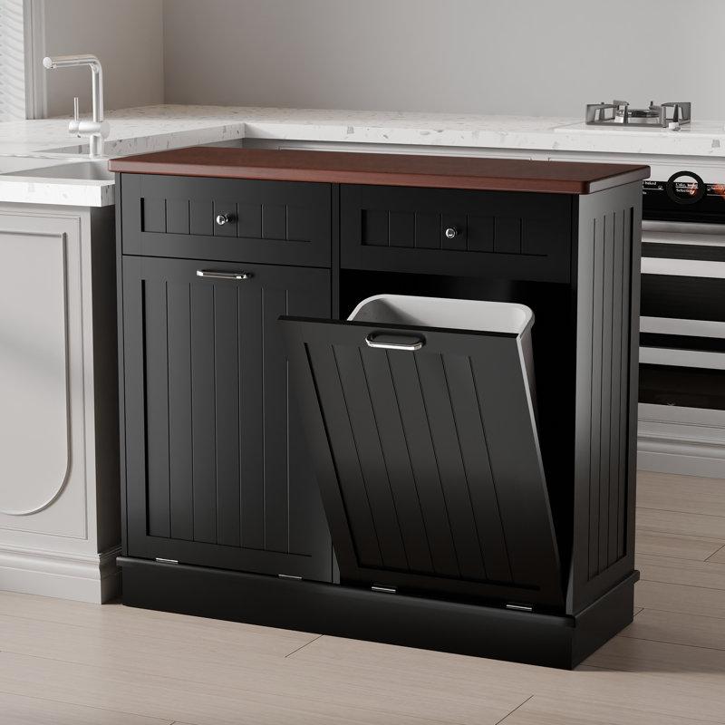 Black Double Tilt Out Trash Cabinet with Countertop and Drawer