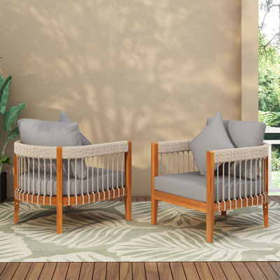Fauteuil club d'extérieur en bois d'acacia avec détails en corde tissée à la main et dossier incurvé - Chaise longue de patio Boho résistante à l'eau avec coussins amovibles pour la véranda