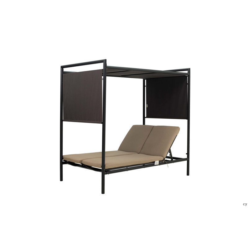 Lit de jour pour l'extérieur avec lit à baldaquin réglable, méridienne double avec dossier réglable à 5 positions et coussins en coton pour patio, cour, balcon, bord de piscine