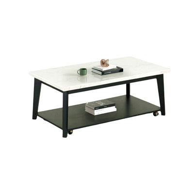Table basse rectangulaire de style contemporain avec plateau de rangement inférieur en marbre et roulettes au fini blanc et noir