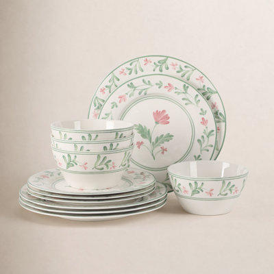 Martha Stewart Maiden Crown 12-Piece Dinnerware Set – Vegan Bone China Ceramic Plates & Bowls – Floral Design – Service for 4 – Dishwasher & Microwave Safe