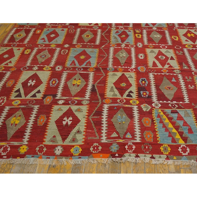 Graphic Tribal Geometric Antique Red Turkish Kilim Flatweave Rug