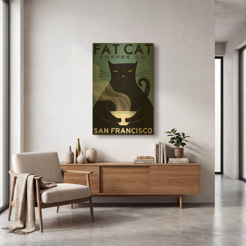 «Cat Coffee» par Ryan Fowler, art mural en métal doré, 24 po x 36 po, 24 po x 36 po