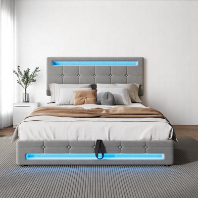 4Ft6 Double Bed Velvet Upholstered Bed With 7 Colors LED-Light Strips