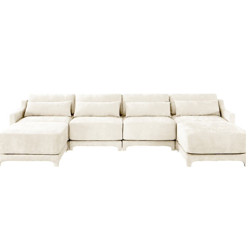 Beige à quatre places revêtu de chenille, avec coussin lombaire mobile, structure en bois, ergonomique, éponge et configuration flexible avec revêtement en chenille, forme, rembourrage résilient,