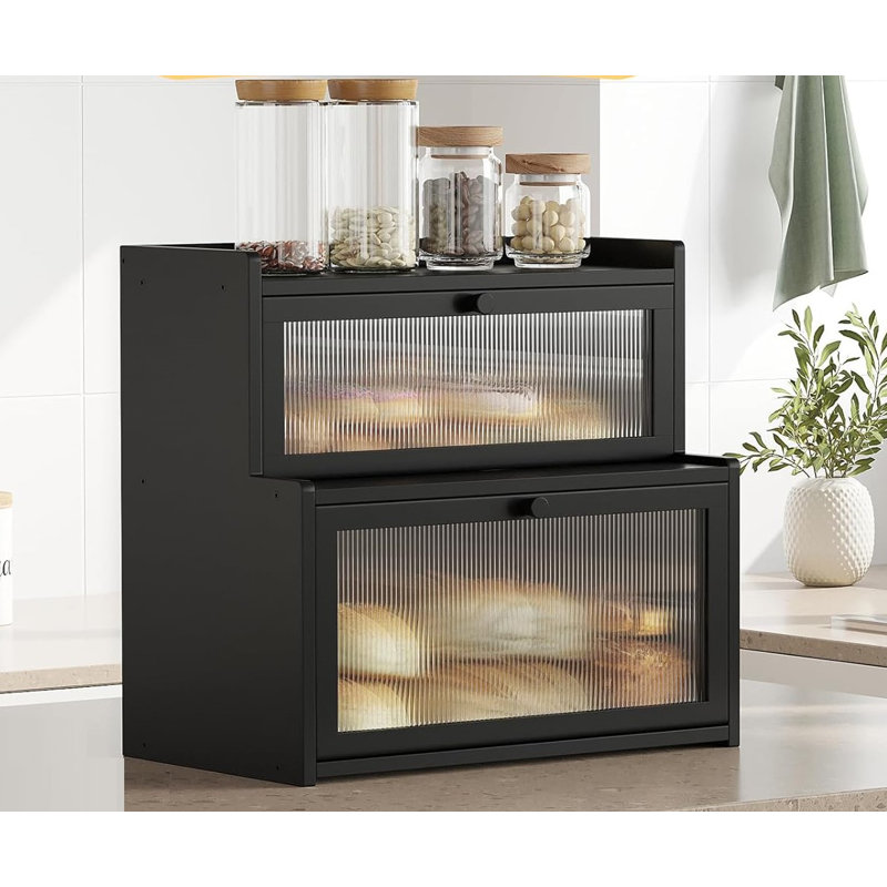 Black Double Layer Bamboo Bread Box with Window