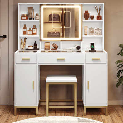 Mercer41 White 43.3''W Vanity Set with Touch Lighted Mirror Upholstered Stool Glass Top Drawers Dressing Table Built in Outlets