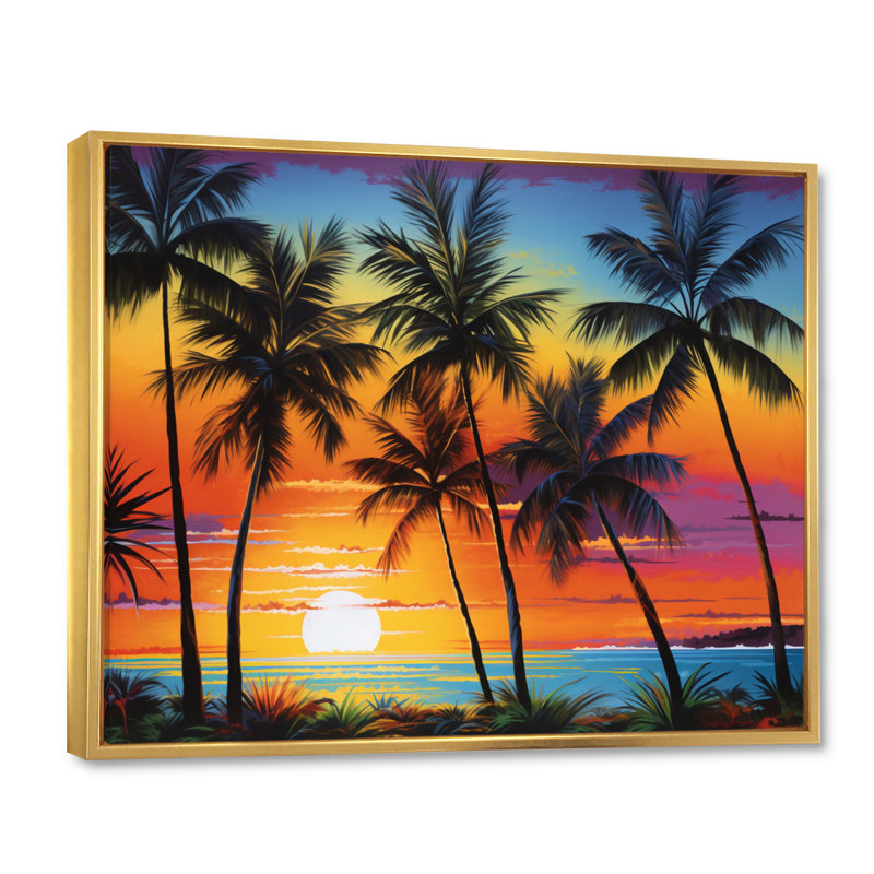 «Colorful Bold Palm Trees Landscape IV - Palmiers et palmiers», art encadré, H 16 po x l 32 po x P 1 po, Cadre flottant doré