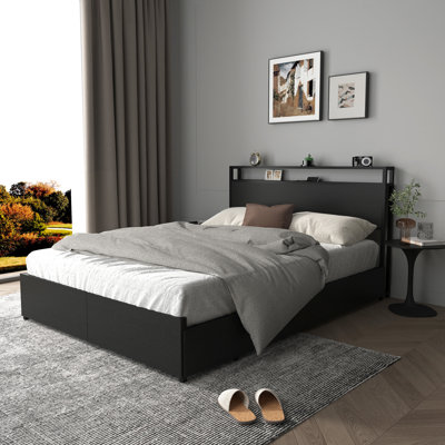 Full Size Bed Frame, Stable And Noise - Performance, 6 Storage Drawers With Wheels, Headboard Charging Dimmable , No Box Spring Required, Black + Metal, Simple Assembly Plan Frame On Smooth Built In