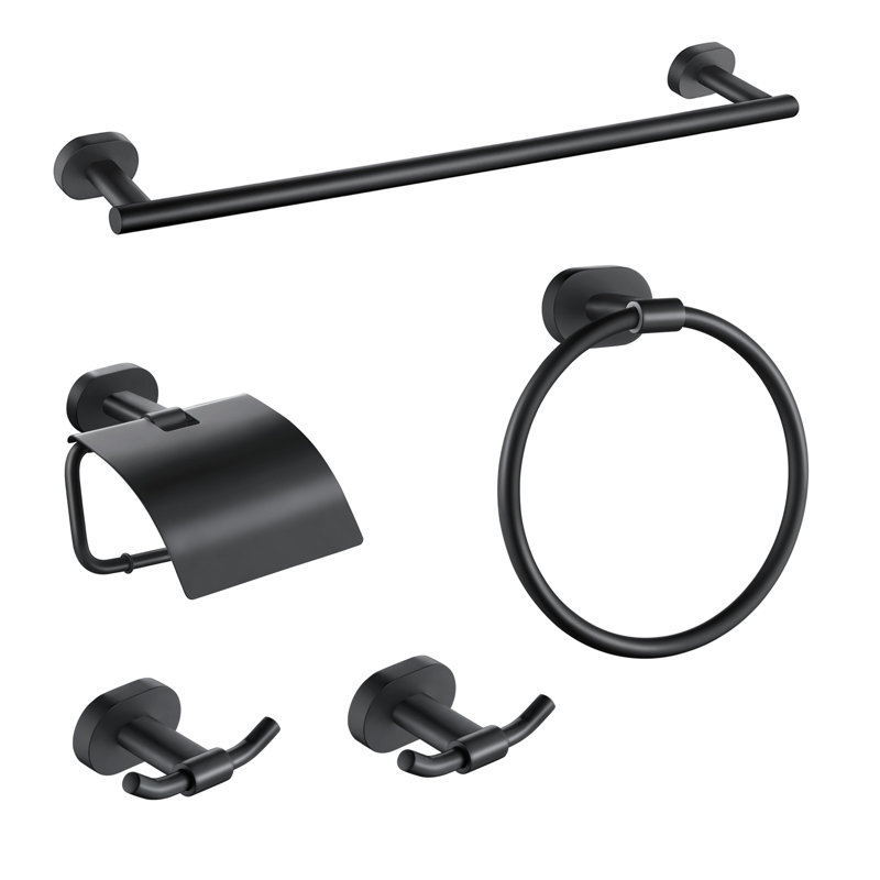 Wall Mounted 5 -Piece Bath Hardware Set with Towel Bar Hand Towel Holder Toilet Paper Holder Towel Hook in Matte Black
