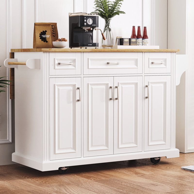 Fancy & Rustic Large Kitchen Island With Rubber Wood Drop Leaf - Embossed Texture Rolling Kitchen Cart With Ample Storage