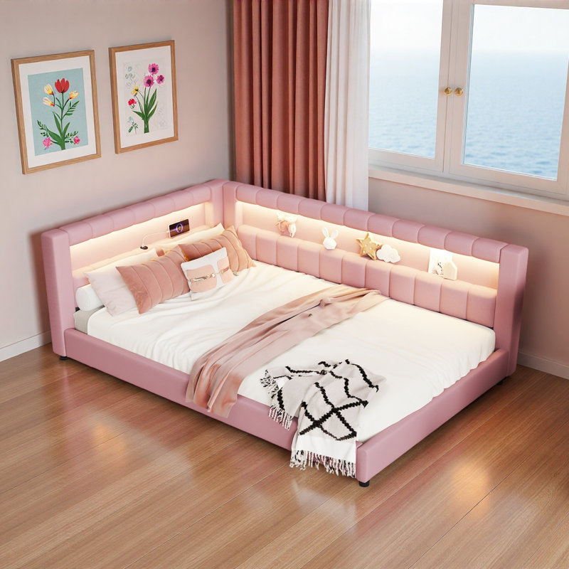 Upholstered Daybed With Usb Ports And Led Light Strips, Full XL, Pink