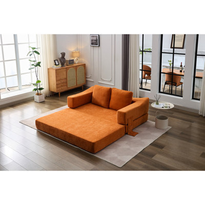 Convertible avec poches latérales - tissu chenille orange, siège moelleux, pour le salon et la chambre à coucher Lit dépliant en orange, revêtement amovible et flexible, sans assemblage