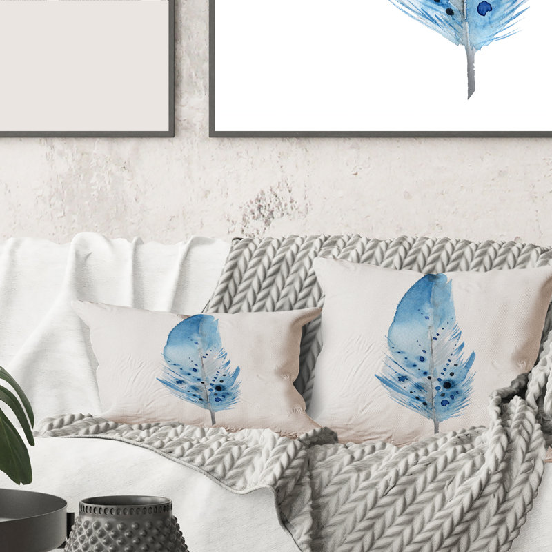 Rectangle, plumes de bohème bleues - coussin décoratif imprimé bohémien et éclectique