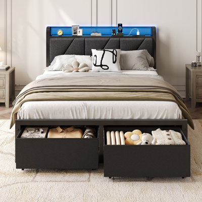 Platform Bed Frame with Storage, RGB LED Lights and Charging Station,Bed with Upholstered Headboard