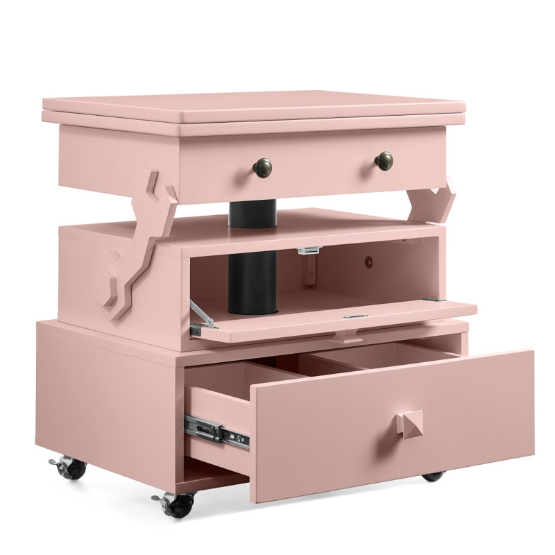 Table de bout roulante à hauteur ajustable laquée ultrabrillante avec station de charge et roues universelles avec freins, table à plateau relevable multifonctionnelle avec tiroirs de rangement pour la chambre à coucher du salon