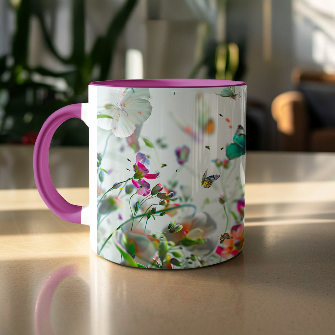 Butterfly Design 11oz Accent Mug – White Ceramic Coffee Cup with a Purple Handle and Interior