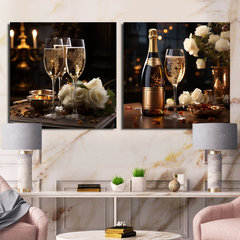 Classic Elegance II - Ensemble de 2 collages carrés vin et champagne, Toile tendue, H 36 po x l 73 po