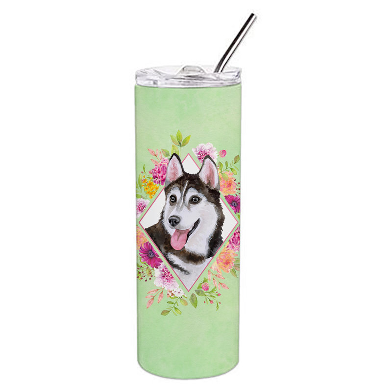 E23BF9F8391D466E9CA4F8DFEBD9A7DB de verre 20 oz à double paroi en acier inoxydable chiot, Husky de Sibérie noir, Vert