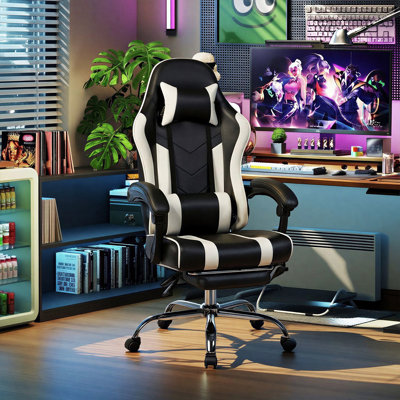 High-Back Ergonomic Gaming Chair With Retractable Footrest, Pu Leather Upholstery, Vibration Massage Lumbar Support And Headrest,Black And White