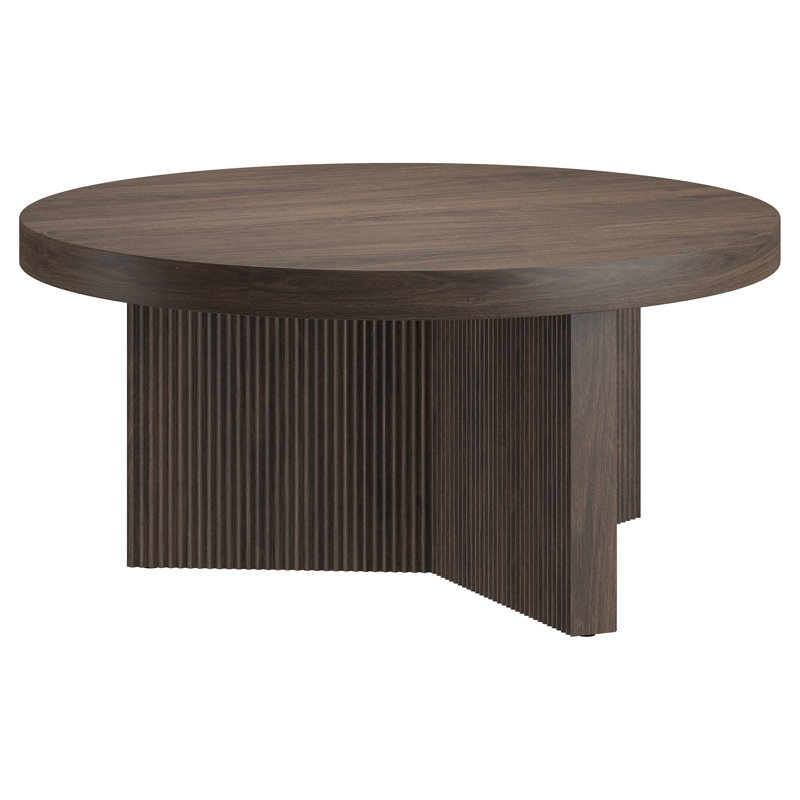 32" Wide Round Coffee Table with Fluted Base — Alder Brown Scandinavian MDF Center Table for Living Room | Holm, Alder Brown