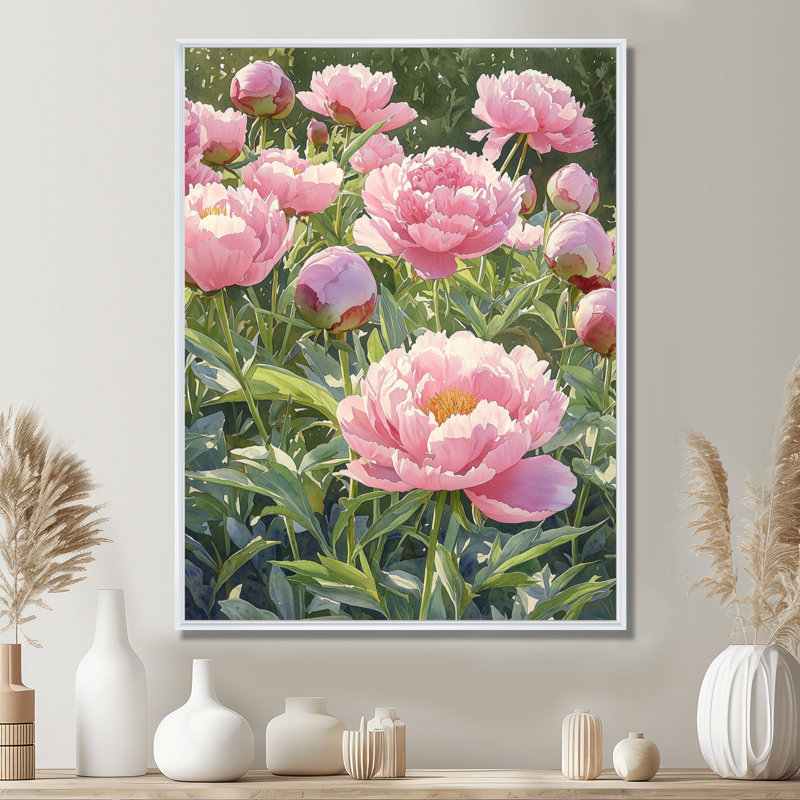Barnum pivoines dans le potager V - pivoines, art mural sur toile, H 44 po x l 34 po, Reproduction avec cadre flottant, Blanc