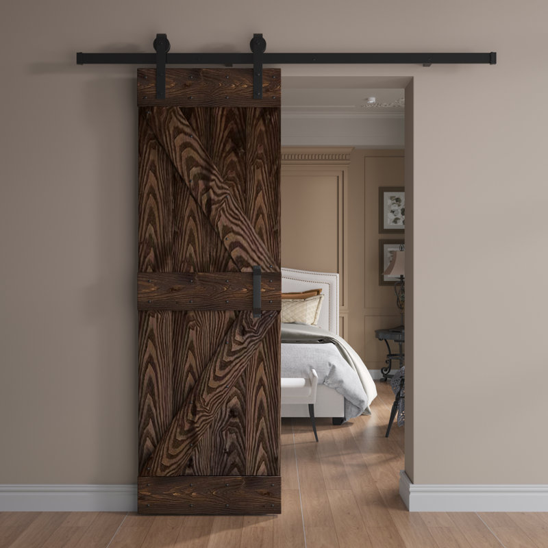 Porte de grange coulissante en bois noueux de la série K Coast Sequoia EMBossing sans ensemble de quincaillerie, Café Kona
