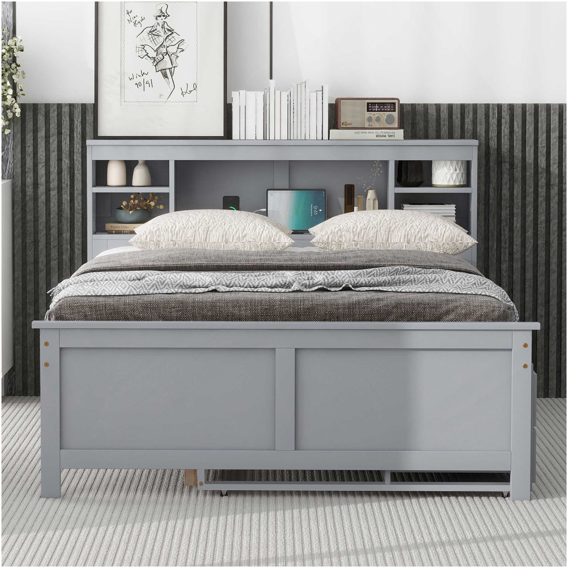 Latitude Run® Full Size Platform Bed With Storage Headboard, USB, Twin ...